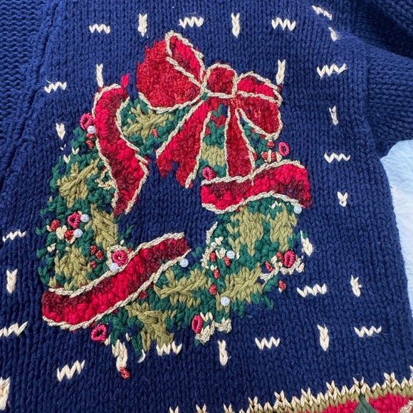Handmade Christmas Cardigan Womens Size XL Blue Embellished V-Neck Grandmacore - Picture 7 of 8